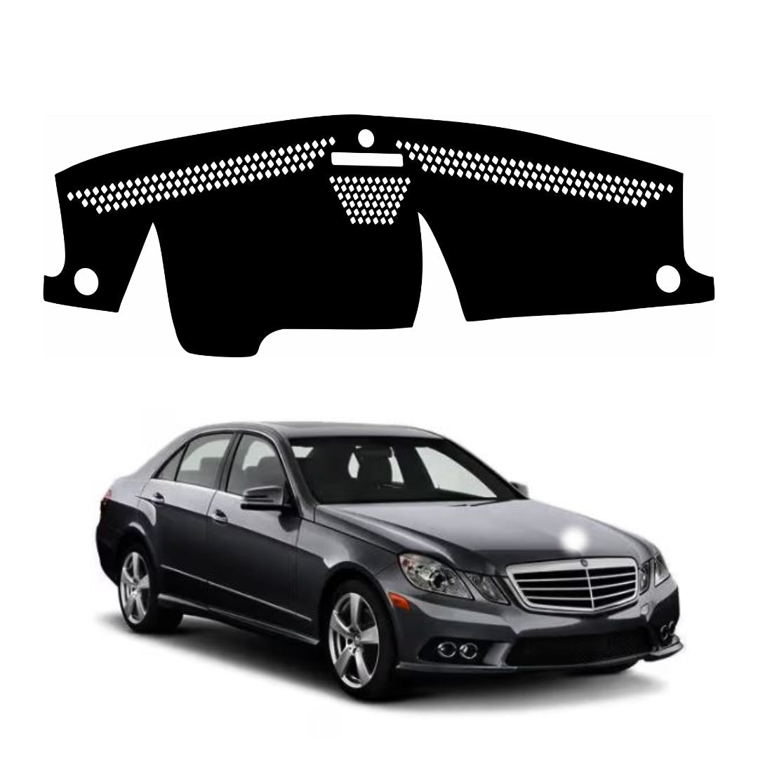 A black dashboard cover with a dotted pattern at the top, designed for a Mercedes E-250 model from 2009-2017, displayed above the image of a Mercedes E-250 car.