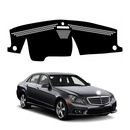 A black dashboard cover with a dotted pattern at the top, designed for a Mercedes E-250 model from 2009-2017, displayed above the image of a Mercedes E-250 car.