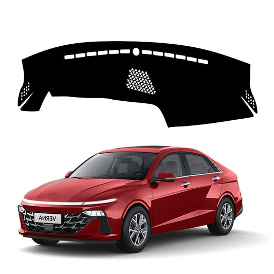 A black dashboard cover designed for a Hyundai Verna, depicted as a black fabric cover with integrated air vents, tailored to fit the contours of the dashboard.