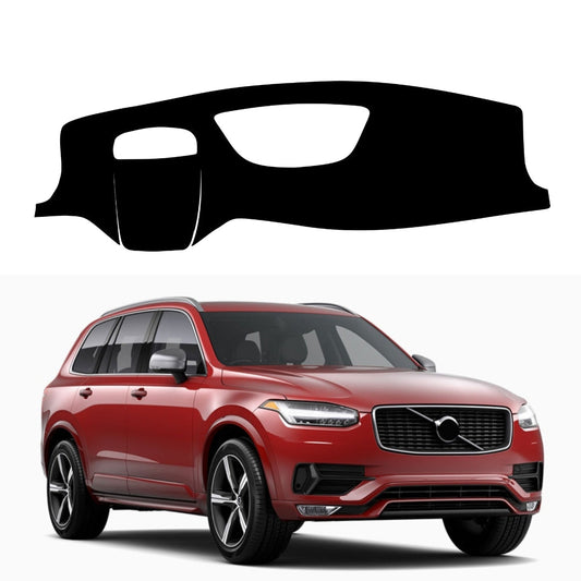 A black dashboard cover designed for a Volvo XC90, depicted in isolation above the image of a red Volvo XC90 car.