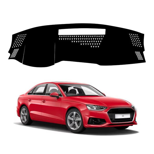 Black dashboard cover for an Audi A4, depicted as a custom fit cover with perforated design at the top.