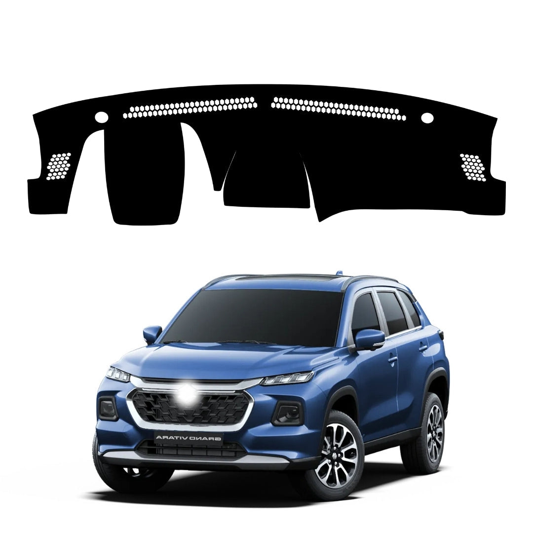 A black dashboard cover designed for the Maruti Grand Vitara, depicted in an image with a blue car to showcase the product's fit and aesthetic.
