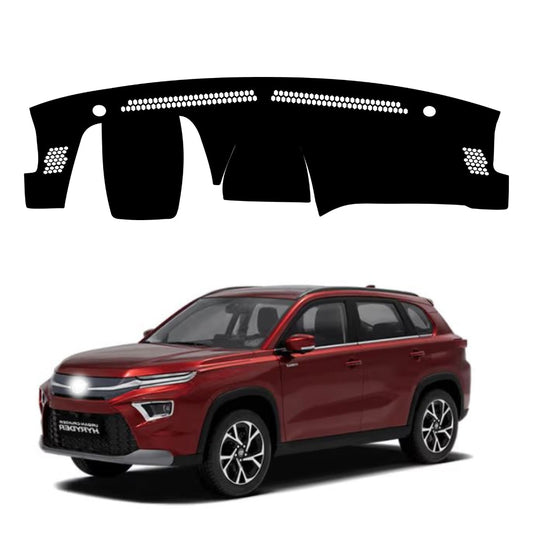 A black dashboard cover mat designed for a Toyota Urban Cruiser Hyryder, depicted in a position on the vehicle's dashboard.